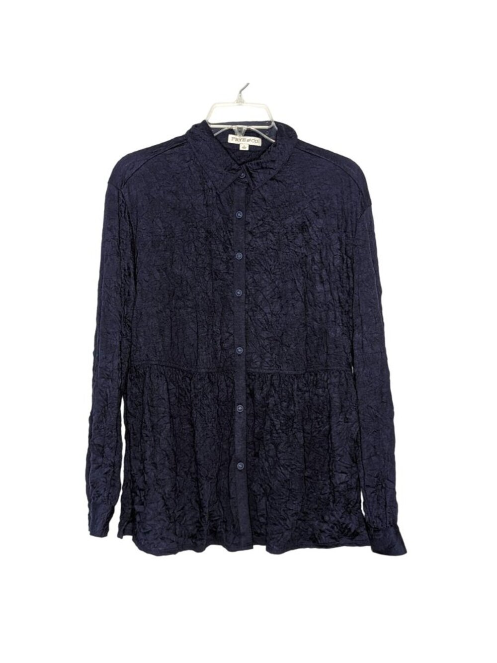 FRYE AND CO. long sleeve button front peplum crinkled navy blue blouse Size S